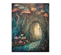 Artery8 Mystical Cave With Bioluminescent Mushrooms Watercolour Painting Blue Orange Red Shimmering Crystals Fantasy Landscape Colourful Magical Nature Modern Extra Large XL Wall Art Poster Print