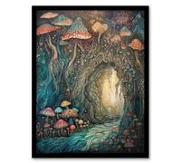 Artery8 Mystical Cave With Bioluminescent Mushrooms Watercolour Painting Blue Orange Red Shimmering Crystals Fantasy Landscape Colourful Magical Nature Modern Artwork Framed Wall Art Print A4