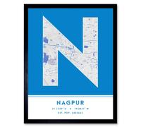 Wall Art Print Nagpur India City Map Modern Typography Stylish Letter Framed Word Wee Blue Coo Blue W12 inch x H16 inch