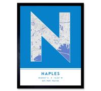 Wall Art Print Naples Italy City Map Modern Typography Stylish Letter Framed Word Wee Blue Coo Blue W12 inch x H16 inch