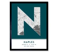Wall Art Print Naples Italy City Map Modern Typography Stylish Letter Framed Word Wee Blue Coo Teal W12 inch x H16 inch