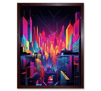 Wall Art Print Neon Light Colour Abstract Metropolis Cityscape at Night Modern Artwork Art Framed Artery8 Brown W12 inch x H16 inch