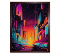 Wall Art Print Neon Light Colour Abstract Metropolis Cityscape Sunrise Modern Artwork Art Framed Artery8 Brown W12 inch x H16 inch