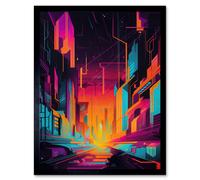 Wall Art Print Neon Light Colour Abstract Metropolis Cityscape Sunrise Modern Artwork Art Framed Artery8 Black W12 inch x H16 inch
