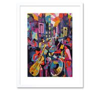 Wall Art Print New Orleans Jazz Festival Street Musicians Playing Music City at Sunset Abstract Modern Painting Artwork Framed 9X7 Inch Artery8 White W7 inch x H9 inch