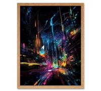 Wall Art Print New York City at Night Modern Abstract Neon Contrast Painting Art Framed Artery8 Light Oak W12 inch x H16 inch