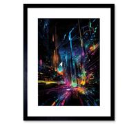 Wall Art Print New York City at Night Modern Abstract Neon Contrast Painting Artwork Framed 9X7 Inch Artery8 Black W7 inch x H9 inch