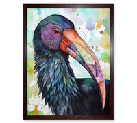 Wall Art Print Northern Bald Ibis Bird With Multicoloured Beak Folk Art Watercolour Painting Art Framed Artery8 Brown W12 inch x H16 inch
