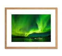 Wall Art Print Northern Lights Aurora Borealis Green Framed Artery8 Beige W7 inch x H9 inch