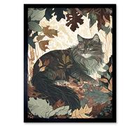 Wall Art Print Norwegian Forest Cat Resting Under Bush Trees Modern Art Framed Artery8 Black W12 inch x H16 inch