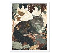 Wall Art Print Norwegian Forest Cat Resting Under Bush Trees Modern Art Framed Artery8 White W12 inch x H16 inch