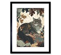 Wall Art Print Norwegian Forest Cat Resting Under Bush Trees Modern Artwork Framed 9X7 Inch Artery8 Black W7 inch x H9 inch