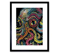 Wall Art Print Octopus Colourful Psychedelic Patterns Orange Pink Blue Yellow Sea Ocean Artwork Framed 9X7 Inch Artery8 Black W7 inch x H9 inch