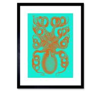 Wall Art Print Octopus Orange Blue Art Framed 9x7 inch Artery8 Black W7 inch x H9 inch