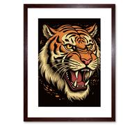 Wall Art Print Old School USA Tattoo Ink Body Art Growling Tiger Rockabilly Americana 50s Artwork Framed 9X7 Inch Artery8 Brown W7 inch x H9 inch