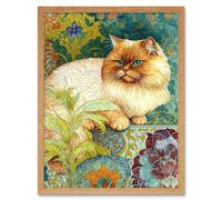 Wall Art Print Orange Persian Cat William Morris Inspired Floral Pattern Colourful Modern Art Framed Artery8 Light Oak W12 inch x H16 inch