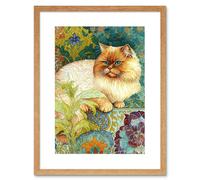 Wall Art Print Orange Persian Cat William Morris Inspired Floral Pattern Colourful Modern Artwork Framed 9X7 Inch Artery8 Beige W7 inch x H9 inch