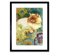 Wall Art Print Orange Persian Cat William Morris Inspired Floral Pattern Colourful Modern Artwork Framed 9X7 Inch Artery8 Black W7 inch x H9 inch
