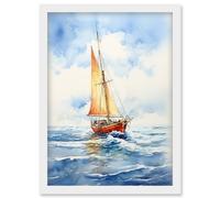 Wall Art Print Orange Sailing Boat Watercolour Painting Bathroom Artwork Sail at Sea Seascape Artwork Framed A4 Artery8 White A4