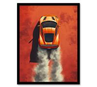 Artery8 Orange Sports Car Drawing Fumes Speed Petrolhead For Living Room Artwork Framed Wall Art Print A4