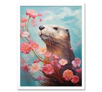Wall Art Print Otter with a Pink Cherry Blossom Branch Elegant Oil Painting Floating on Lake Water with Flowers Art Framed Artery8 White W12 inch x H16 inch