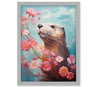 Wall Art Print Otter with a Pink Cherry Blossom Branch Elegant Oil Painting Floating on Lake Water with Flowers Artwork Framed A4 Artery8 Grey A4