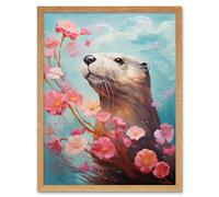 Wall Art Print Otter with a Pink Cherry Blossom Branch Elegant Oil Painting Floating on Lake Water with Flowers Art Framed Artery8 Light Oak W12 inch x H16 inch