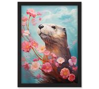 Wall Art Print Otter with a Pink Cherry Blossom Branch Elegant Oil Painting Floating on Lake Water with Flowers Artwork Framed A4 Artery8 Black A4