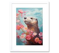Wall Art Print Otter with a Pink Cherry Blossom Branch Elegant Oil Painting Floating on Lake Water with Flowers Artwork Framed 9X7 Inch Artery8 White W7 inch x H9 inch