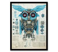 Wall Art Print Owl Robot Machine Schematic Diagram Engineering Page Blue Gold Futuristic Technology Design Artwork Framed Artery8 Blue W12 inch x H16 inch