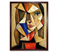 Wall Art Print Painting Cubism Style Portrait Of Young Woman Beige And Brown Art Framed Artery8 Brown W12 inch x H16 inch