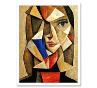 Wall Art Print Painting Cubism Style Portrait Of Young Woman Beige And Brown Art Framed Artery8 White W12 inch x H16 inch
