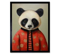 Wall Art Print Panda Cub in Chinese Uniform Fun Kids Bedroom Artwork Art Framed Artery8 Black W12 inch x H16 inch