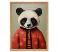 Wall Art Print Panda Cub in Chinese Uniform Fun Kids Bedroom Artwork Art Framed Artery8 Light Oak W12 inch x H16 inch