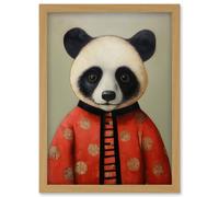 Wall Art Print Panda Cub in Chinese Uniform Fun Kids Bedroom Artwork Framed A4 Artery8 Light Oak A4