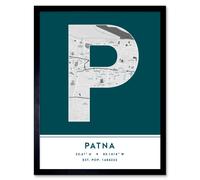 Wall Art Print Patna India City Map Modern Typography Stylish Letter Framed Word Wee Blue Coo Teal W12 inch x H16 inch