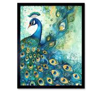 Wall Art Print Peacock Bird Concept Folk Art Watercolour Painting Art Framed Artery8 Black W12 inch x H16 inch