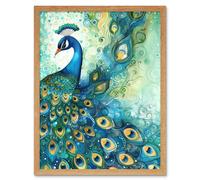 Wall Art Print Peacock Bird Concept Folk Art Watercolour Painting Art Framed Artery8 Light Oak W12 inch x H16 inch