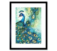 Wall Art Print Peacock Bird Concept Folk Art Watercolour Painting Artwork Framed 9X7 Inch Artery8 Black W7 inch x H9 inch