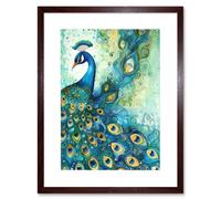 Wall Art Print Peacock Bird Concept Folk Art Watercolour Painting Artwork Framed 9X7 Inch Artery8 Brown W7 inch x H9 inch