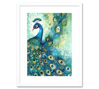 Wall Art Print Peacock Bird Concept Folk Art Watercolour Painting Artwork Framed 9X7 Inch Artery8 White W7 inch x H9 inch