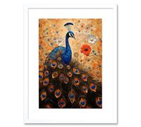 Wall Art Print Peacock Bird Gustav Klimt Style Oil Painting Gold Orange Blue Portrait with Flowers Artwork Framed 9X7 Inch Artery8 White W7 inch x H9 inch