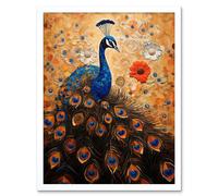 Wall Art Print Peacock Bird Gustav Klimt Style Oil Painting Gold Orange Blue Portrait with Flowers Art Framed Artery8 White W12 inch x H16 inch