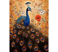 Wall Art Print Peacock Bird Gustav Klimt Style Oil Painting Gold Orange Blue Portrait with Flowers Poster Artery8 Multi W24 inch x H32 inch