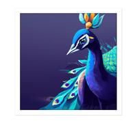 Wall Art Print Peacock Peafowl Navy Blue Bird Nature Modern Contemporary Watercolour Painting Square Framed Picture 16X16 Inch Artery8 White W16 inch x H16 inch