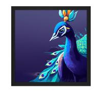 Wall Art Print Peacock Peafowl Navy Blue Bird Nature Modern Contemporary Watercolour Painting Square Framed Picture 16X16 Inch Artery8 Black W16 inch x H16 inch