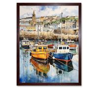 Wall Art Print Penzance Harbour Trawler Boats Promenade Watercolour Painting Cornwall Coastal Townscape Art Framed Artery8 Brown W12 inch x H16 inch