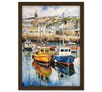 Wall Art Print Penzance Harbour Trawler Boats Promenade Watercolour Painting Cornwall Coastal Townscape Artwork Framed A4 Artery8 Brown A4