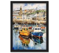Wall Art Print Penzance Harbour Trawler Boats Promenade Watercolour Painting Cornwall Coastal Townscape Artwork Framed A4 Artery8 Black A4