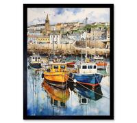 Wall Art Print Penzance Harbour Trawler Boats Promenade Watercolour Painting Cornwall Coastal Townscape Art Framed Artery8 Black W12 inch x H16 inch